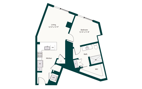Floor plan for 1 bed, 1 bath, 875 sqft